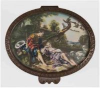 Messingkästchen, oval, Ende 19. Jh., Deckel mit Miniatur "Amouröse Schäferszene", Öl/Bein,hinter