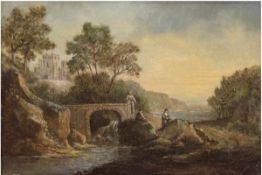 Romantiker um 1800 "Flußlandschaft mit Burg und Personen", Öl/Lw., unsign., 19x28 cm,Rahmen