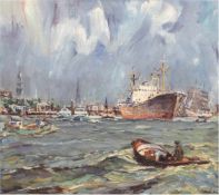 Brinkmann, Hans (1902 Rostock-1977 Rostock) "Hamburger Hafen", Öl/Lw./SP, sign. u.r.,50x55 cm,