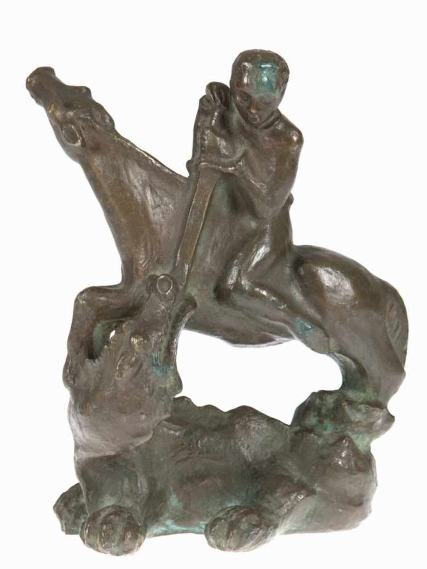 Monogrammist "HB" "Der Heilige Georg im Kampf mit dem Drachen", Bronze, braun patiniert,H. 26 cm