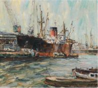 Brinkmann, Hans (1902 Rostock-1977 Rostock) "Schiffe im Hafen", Öl/Lw./Hf., sign. u.r.,55x60 cm,