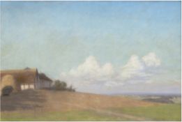 "Nordische Küstenlandschaft mit Fischerkate", Pastell, undeutl. sign. u.l., rücks. bez. u.dat. 1914,