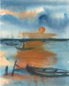Stenzel, Giesela (1926-) "Fischerboote bei Abendstimmung auf dem Bodden", Aquarell/Papier,19x14,5