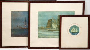 Konv. Bilder mit versch. Schiffsmotiven, Dm. 13 cm u. je 29x37 cm, hinter Glas im Rahmen