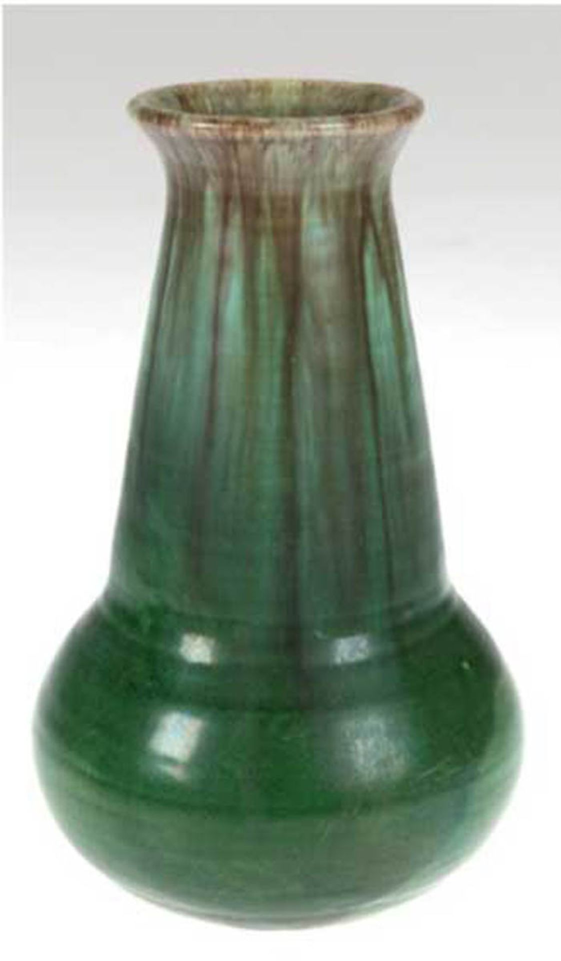 Jugendstil-Vase, Mutz-Altona-Keramik, Form 1756, braune Laufglasur über grüner Glasur, H.18 cm