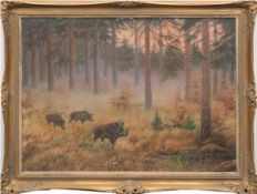"Wildschweine im Tannenwald", Öl/Hf., undeutl. sign. u.r. u. dat. '48, 60x80 cm, Rahmen