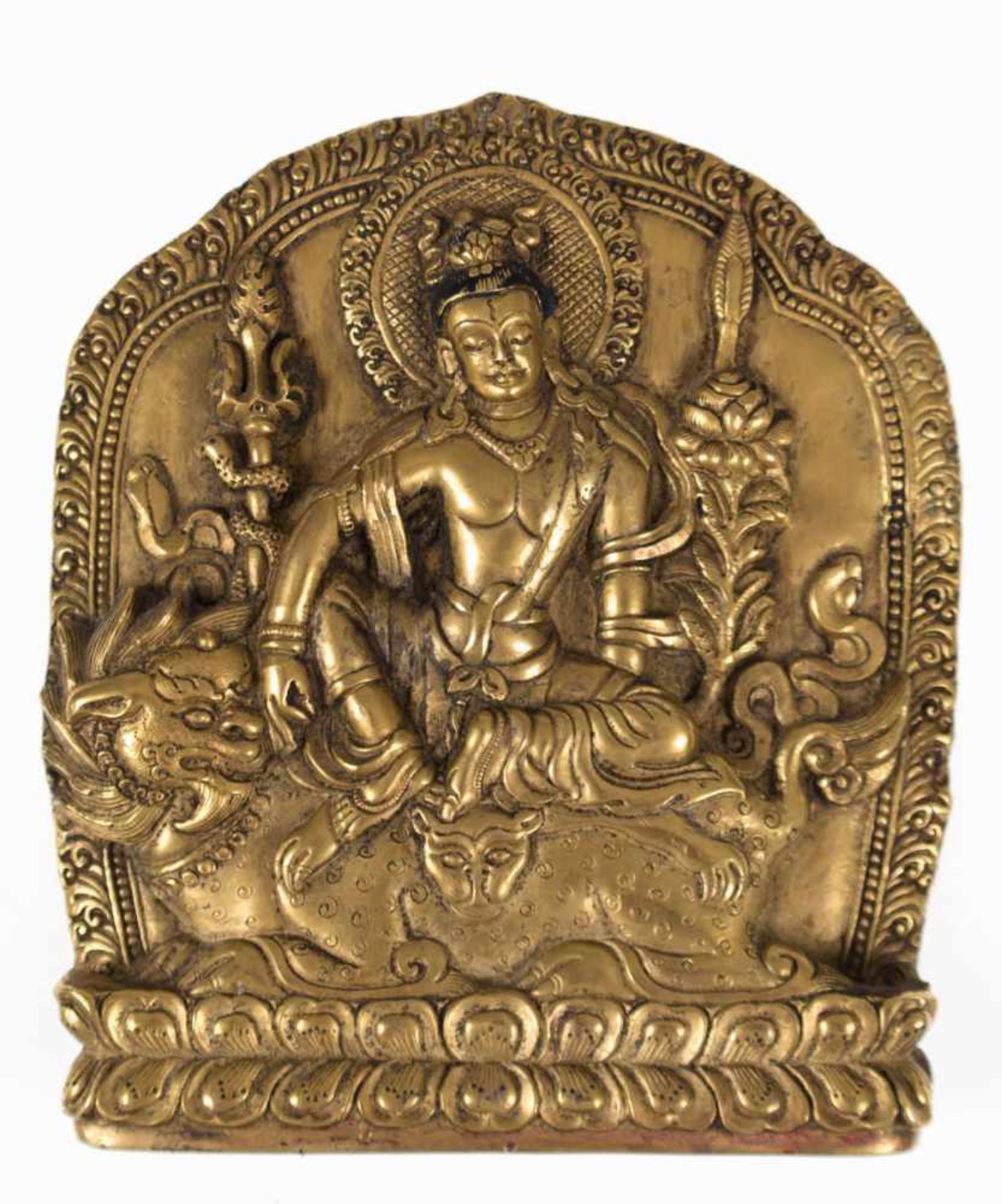 "Buddha sitzend in der Erdberührungsgeste", flacher Bronzeguß, Indien, Mitte 20. Jh.,