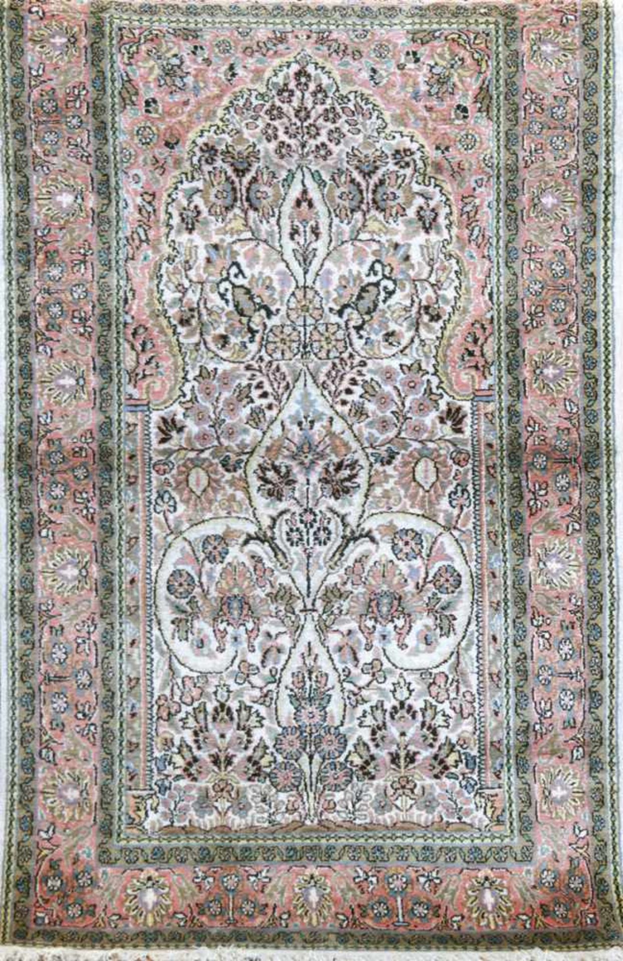Kaschmir, Indien, mercersierte Baumwolle, hellgundig mit floraler Musterung, mitZertifikat,156x90