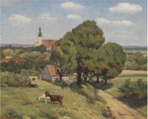 Schroer, Max (1892- ?) "Sommerliche Dorfidylle", Öl/Mp., sign. und dat. `48 u.r., 49x58cm, Rahmen (