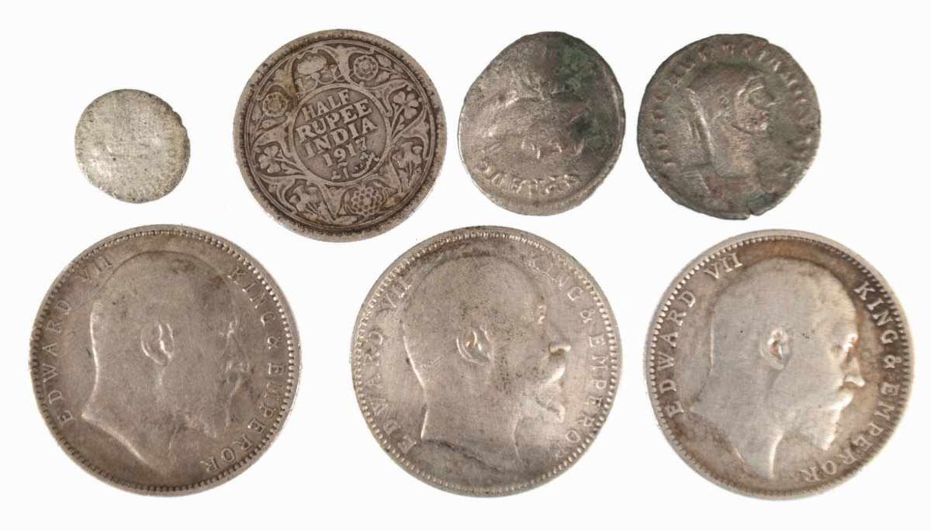 4 Silbermünzen, engl. Kolonie u. 2 antike Münzen