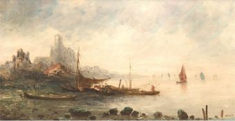 Bance, Albert (1848-1899) "Fischerboote vor Antwerpen", Öl/Lw., doupliert, sign. u.r.,35,5x65,5