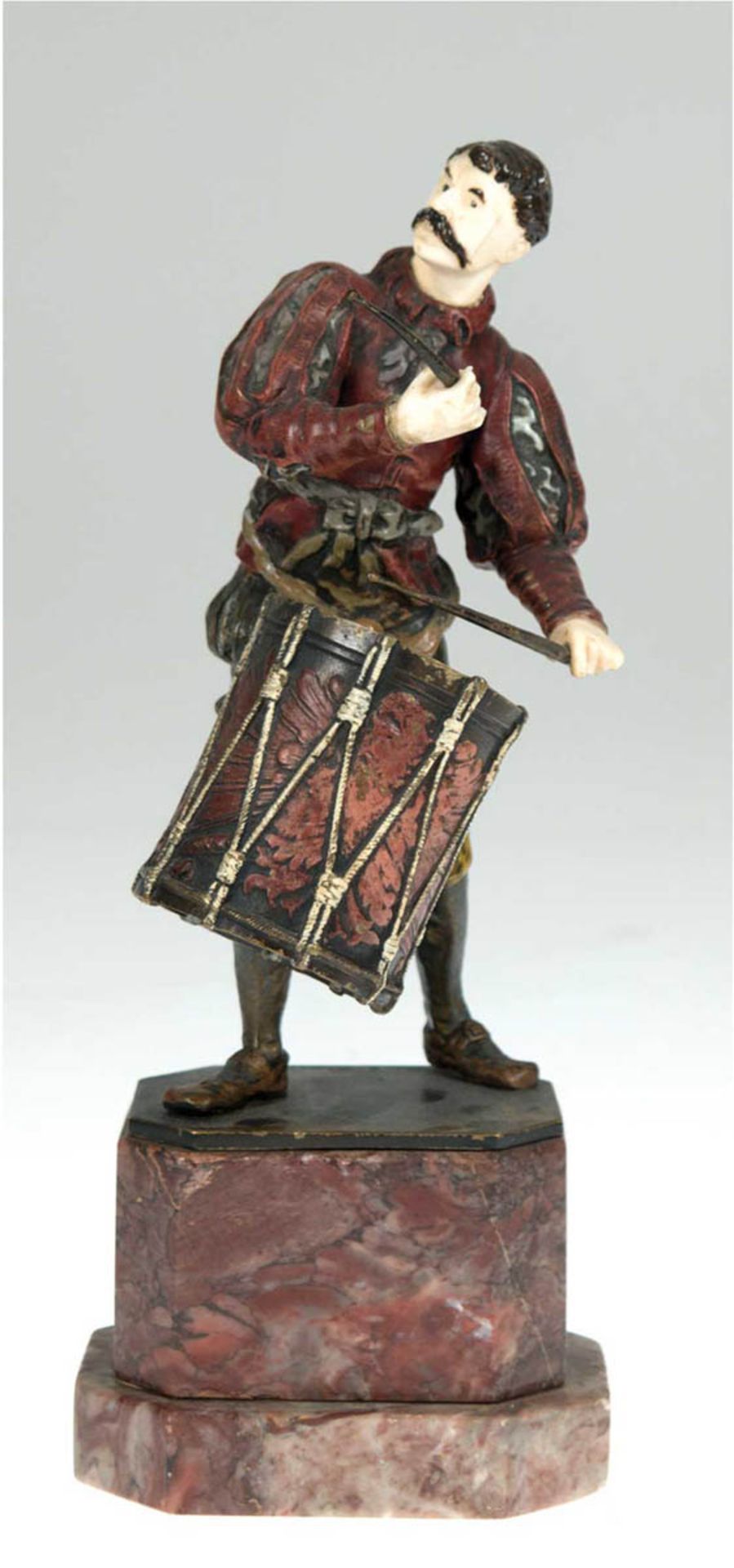 Barillot, Eugene (1841-1900) "Landsknecht mit Trommel", Chryselephantine-Figur,Bronze/Bein, farbig