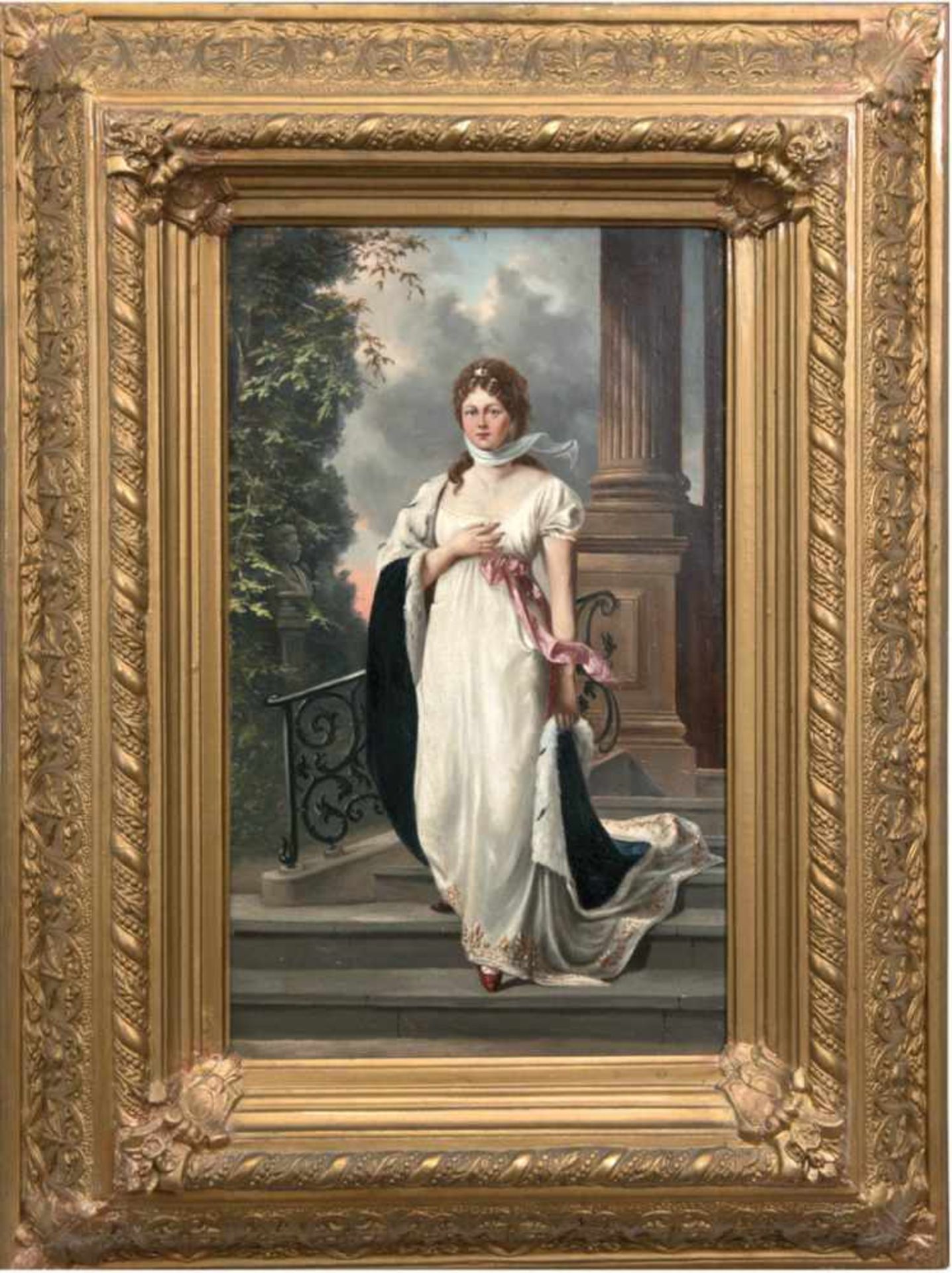 "Bildnis der Luise Königin von Preussen auf der Treppe", Öl/Mp., unsign., 52x31 cm,Prunkrahmen