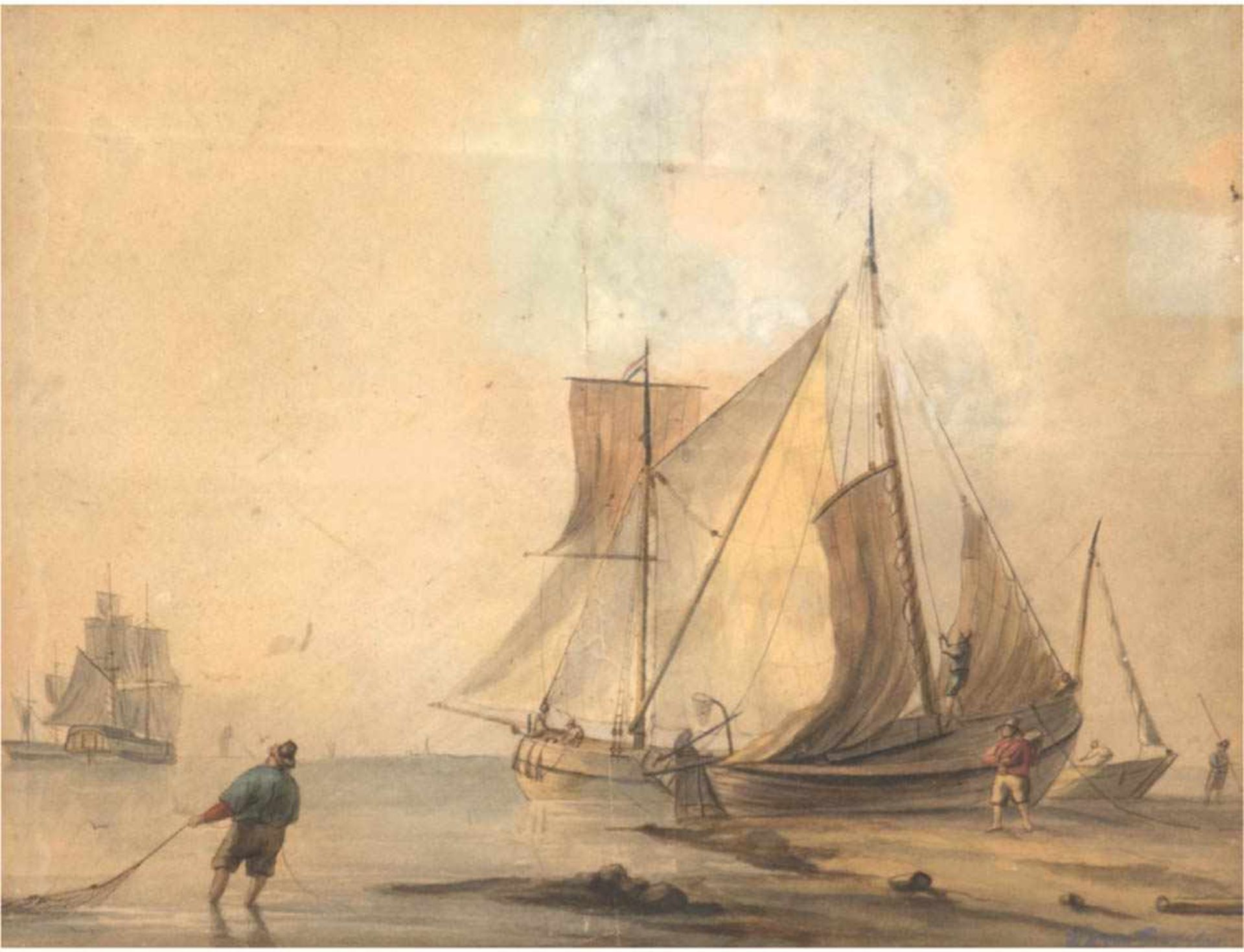 Deventer, Willem Antonie van (1824-1893) "Fischerboote und Fischer am Strand", Aquarell,sign. u.
