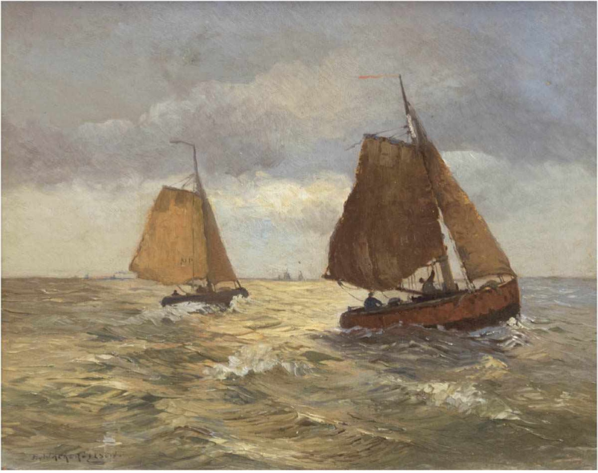 Wacker-Elsen, Hans (1868 Düsseldorf-1958 Ferch am Schwielosee) "Fischerboote auf unruhigerSee", Öl/