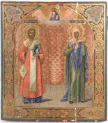 Ikone, Rußland um 1880, prunkvolle Darstellung von 2 Heiligen, Öl/Holz, vertikaler Riß mitFarbabpl.,
