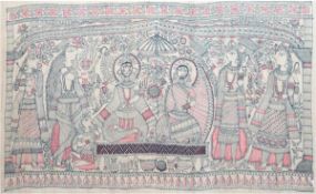 "Mythologische Szene des hinduistischen Gottespaares Krishna und Radha", Tuschfeder in Rotund