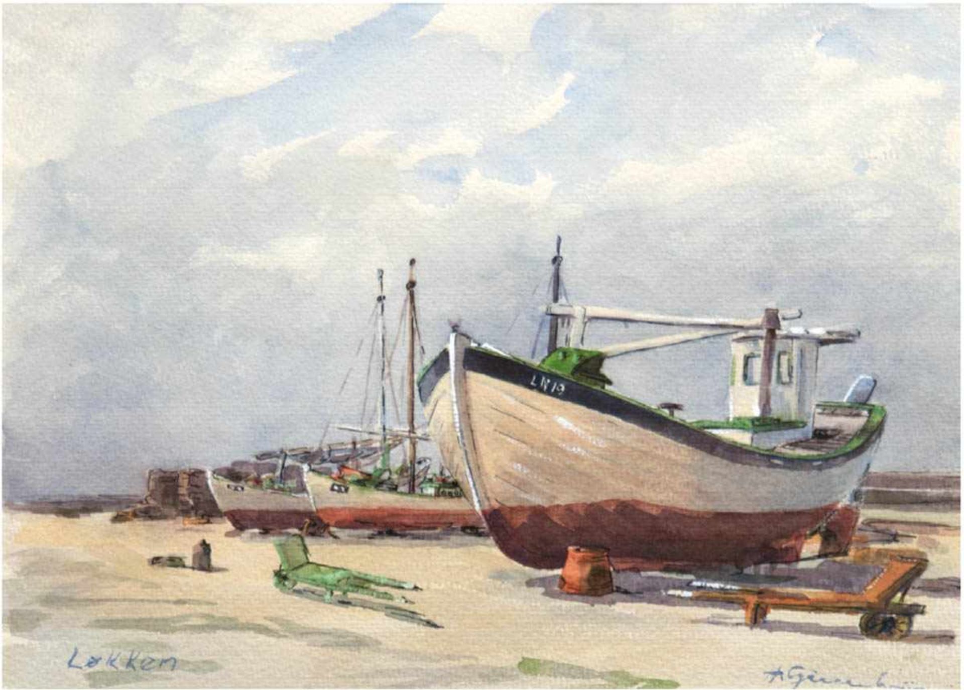 Marinemaler des 20. Jh. "Fischerkutter am Strand", Aquarell, undeutl sign. u.r., l.u.Ortsbez.
