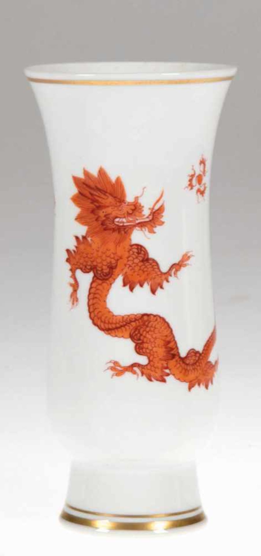 Meissen-Vase, Mingdrache, rot, Goldrand, 1. Wahl, H. 20,5 cm