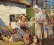 "Ländliche Familienszene mit Hühnern", Öl/Lw., unsign., 65x79 cm, Rahmen