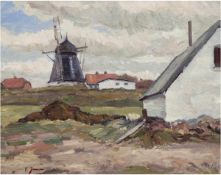 "Nordische Küstenlandschaft mit Windmühle", Öl/Lw., sign. l.u., 60x73 cm, Rahmen