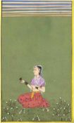 "Junge Frau in der Landschaft sitzend", Indien 19./20. Jh., Feder, Tempra u.Deckfarben/Papier, 17,