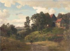 Pohle, Hermann (1831-1901) "Weidende Kühe in hügeliger Sommerlandschaft", Öl/Mp., sign.u.r., 34x46