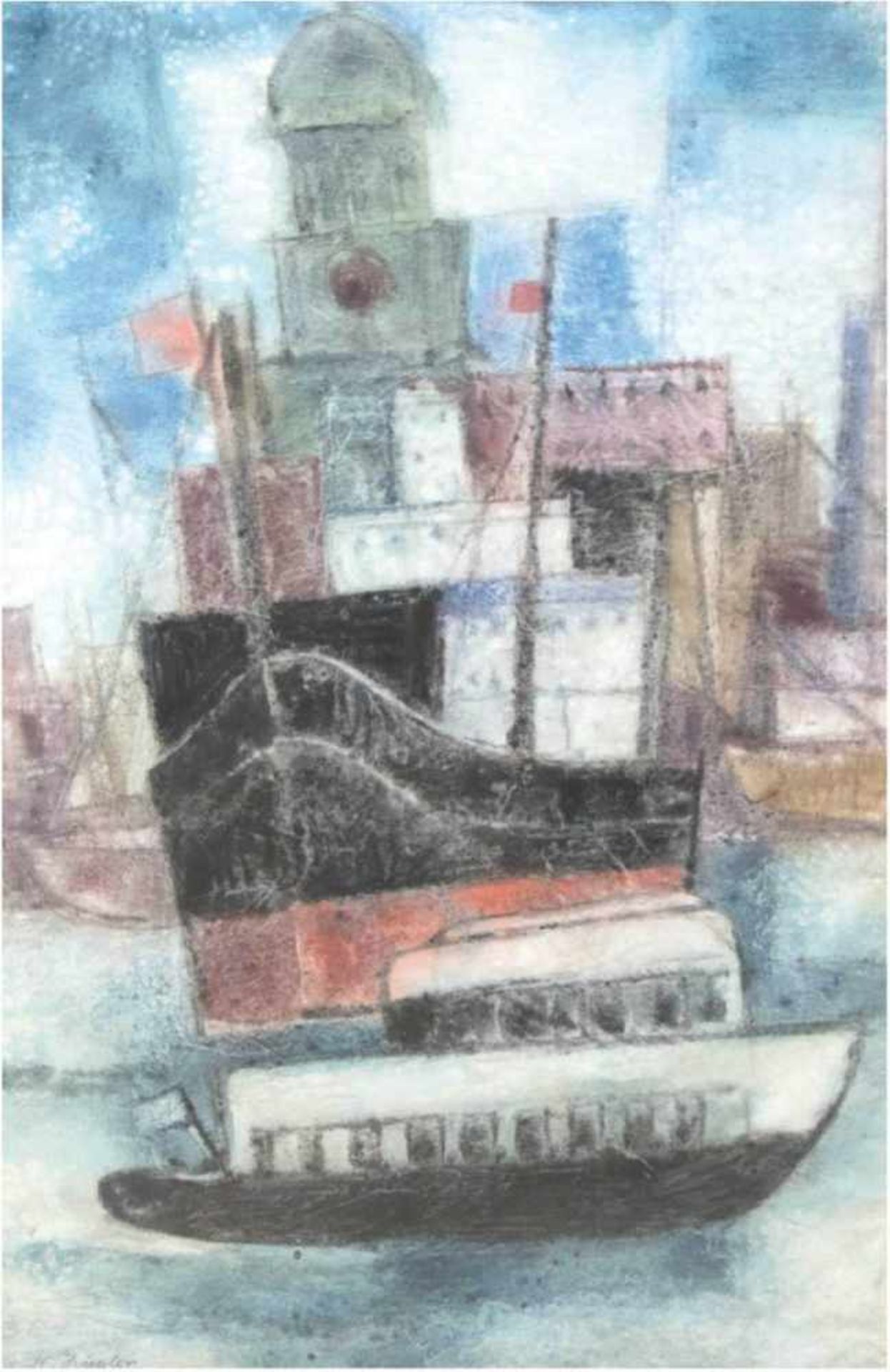 Ziegler, H. "Schiffe im Hafen", Pastel, sign. u.l., 73x46 cm, hinter Glas im Passepartoutund Rahmen
