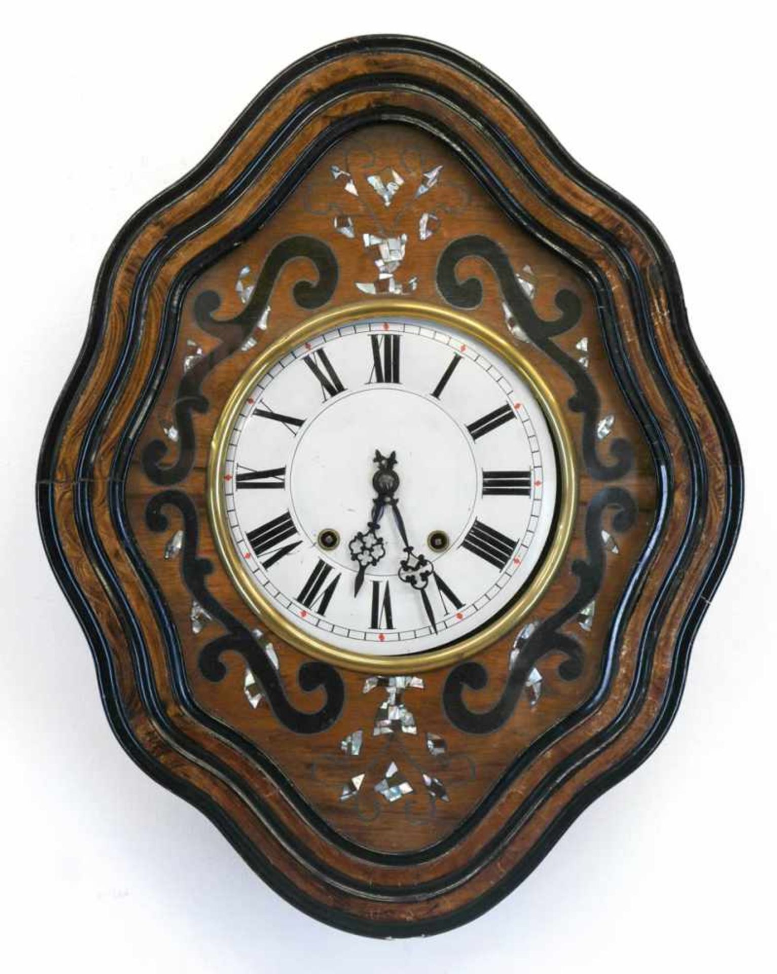 Wanduhr, sogen. Oeil de Boeuf, Frankreich 19. Jh., ebonisierter Lackrahmen, innenPerlmutteinlagen,