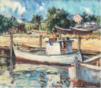 Brinkmann, Hans (1902 Rostock-1977 Rostock) "Boote am Strand", Öl/Lw./Hf., sign. u.r.,40x45 cm,