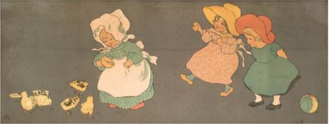 "Spielende Kinder", Farblitho, um 1920, monogr. l.u., 27x70 cm, hinter Glas im Rahmen