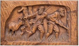 Relieftafel "Zwei Jäger und Rehbock", Eichenholz, geschnitzt, 41x72x5 cm