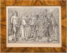 "Darstellung des Heiligen Sebastian mit Petrus und Papst", Kupferstich 16/17. Jh.,Nußbaum furnierter