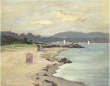 Monogrammist "OK", um 1920 "Ostseestrand mit Strandkörben", Öl/Hp., 47x59 cm, Rahmen