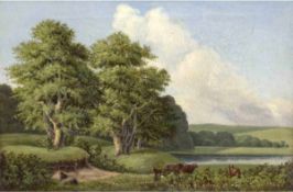 Landschaftsmaler des 18. Jh. "Kühe auf der Wiese", Öl/Lw. unsign., 27x40 cm, Rahmen