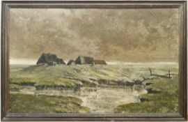 Landschaftsmaler, Anf. 20. Jh. "Bauernhäuser auf Hallig", Öl/Lw., unsign., 130x200 cm,unterer Rand