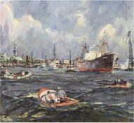 Brinkmann, Hans (1902 Rostock-1977 Rostock) "Hamburger Hafen", Öl/Lw./Hf., sign. u.r.,55x60 cm,