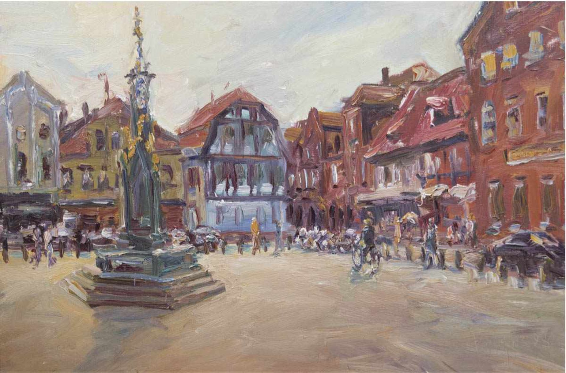 Maler des 20. Jh. "Brunnen auf Marktplatz", Öl/Lw., undeutlich sign. u. dat. '98? u.r.,80x120 cm,