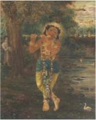 "Frau mit Flöte", Tempelbild, Indien 20. Jh., Aquarell/Papier, 37x29 cm, im Passepartouthinter Glas,