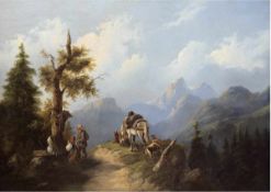 Maler 1. H. 19. Jh. "Andacht vor Alpenkulisse", Öl/Lw., unsign., 72x98 cm, Rahmen