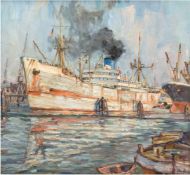 Brinkmann, Hans (1902 Rostock-1977 Rostock) "Dampfschiff im Hafen", Öl/Lw./Hf., sign.u.r., 60x65 cm,