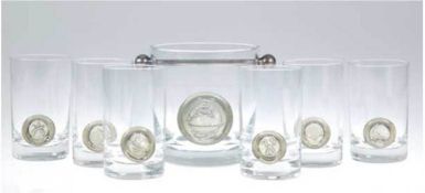 Whisky-Set, Rosenthal, bestehend aus 6 Whiskygläsern und Eisbehälter, frontseitigRauchglassiegel mit