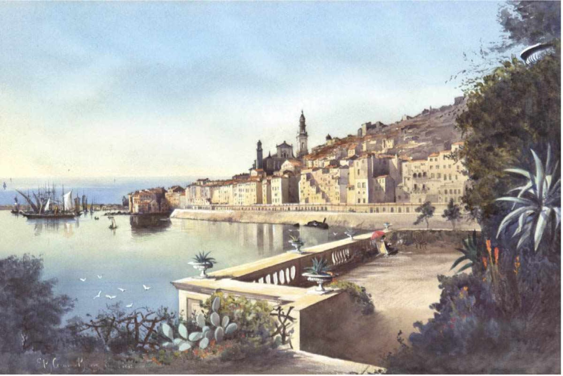 Landschaftsmaler des 19. Jh. "Stadt an der Küste", Aquarell, undeutl. sign. u. dat. 1882u.l.,