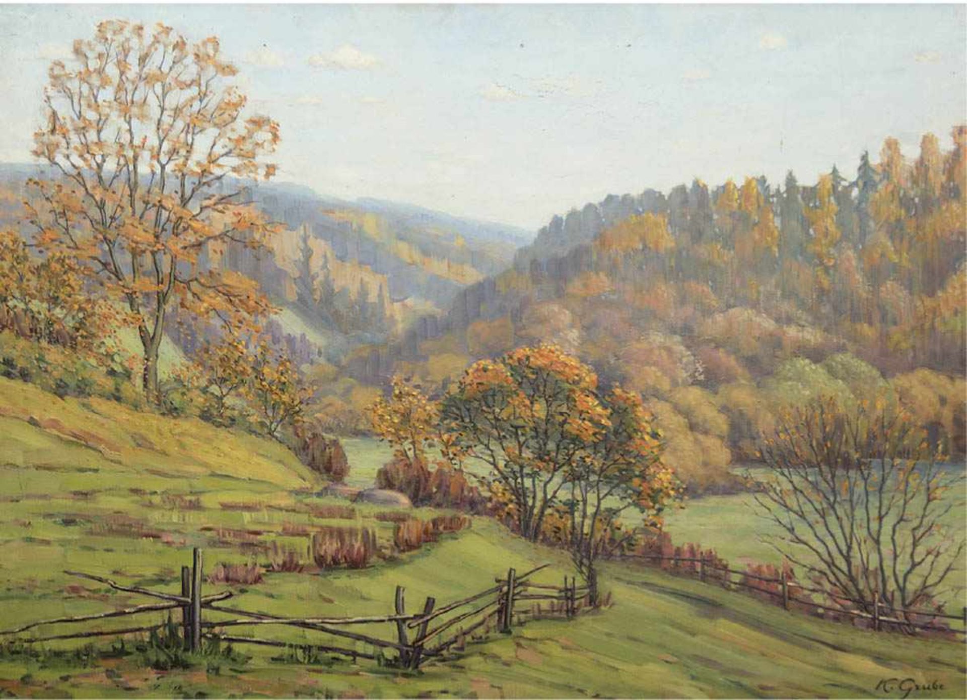 Grube, K. (Landschaftsmaler 1. H. 20. Jh.) "Gebirgslandschaft im Herbst", Öl/Lw., sign.u.r.