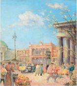 Maler des 19./20. Jh. "Straßenszene mit Blumenmarkt", Öl/Hp., unsign., 39x34,5 cm, Rahmen