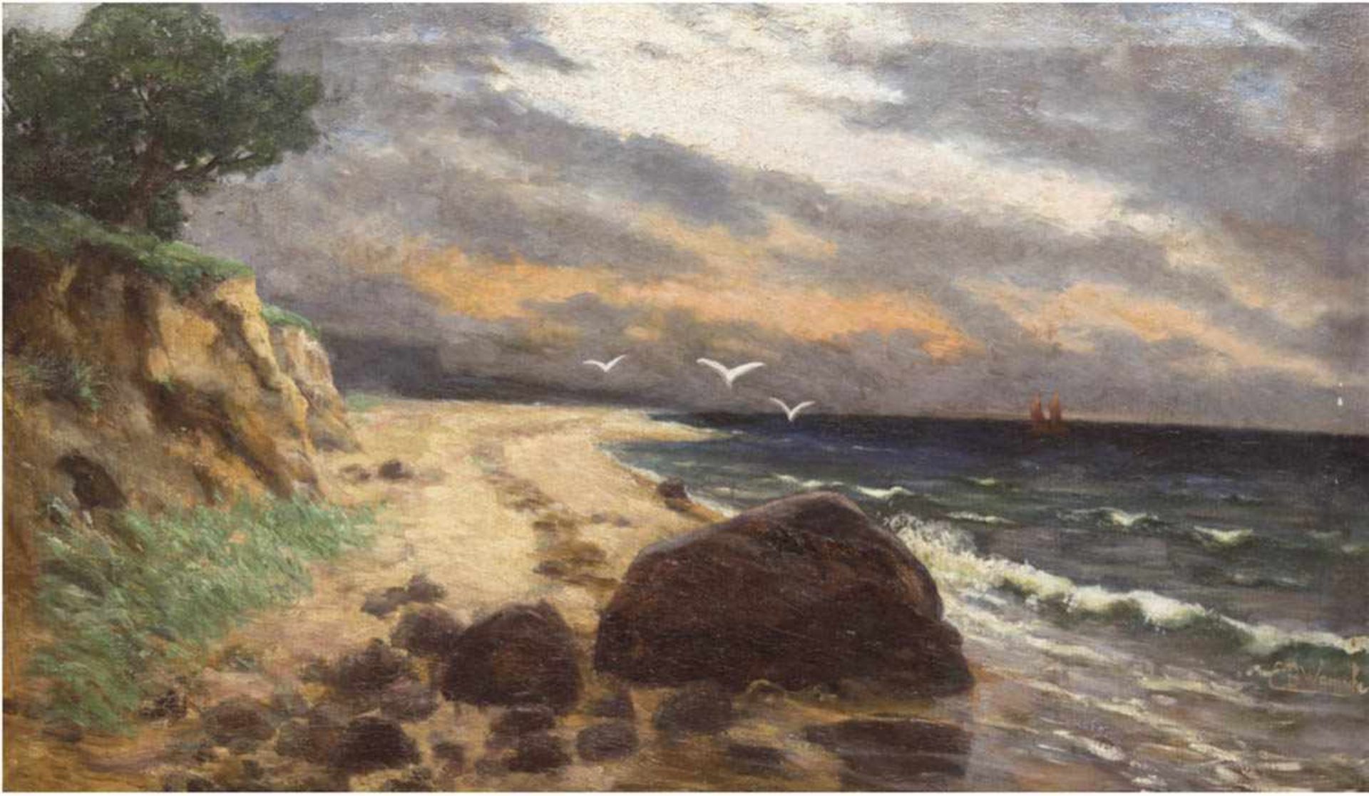 Warnecke, E.B. (19. Jh.) "Küstenlandschaft im Abendlicht", Öl/Lw., sign. u.r., 71x120 cm,kleine