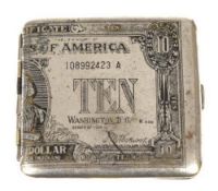 Zigarrettenetui, versilbert, altes Design einer 10 Dollar-Note, berieben, 7,5x8 cm