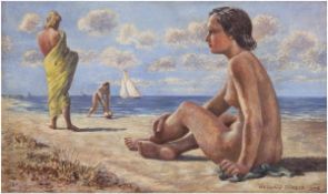 Füsser, Gerhard "Akte am Strand", Öl/Hp., sign. u.r. u. dat. 1945, 39x60,5 cm, Rahmen