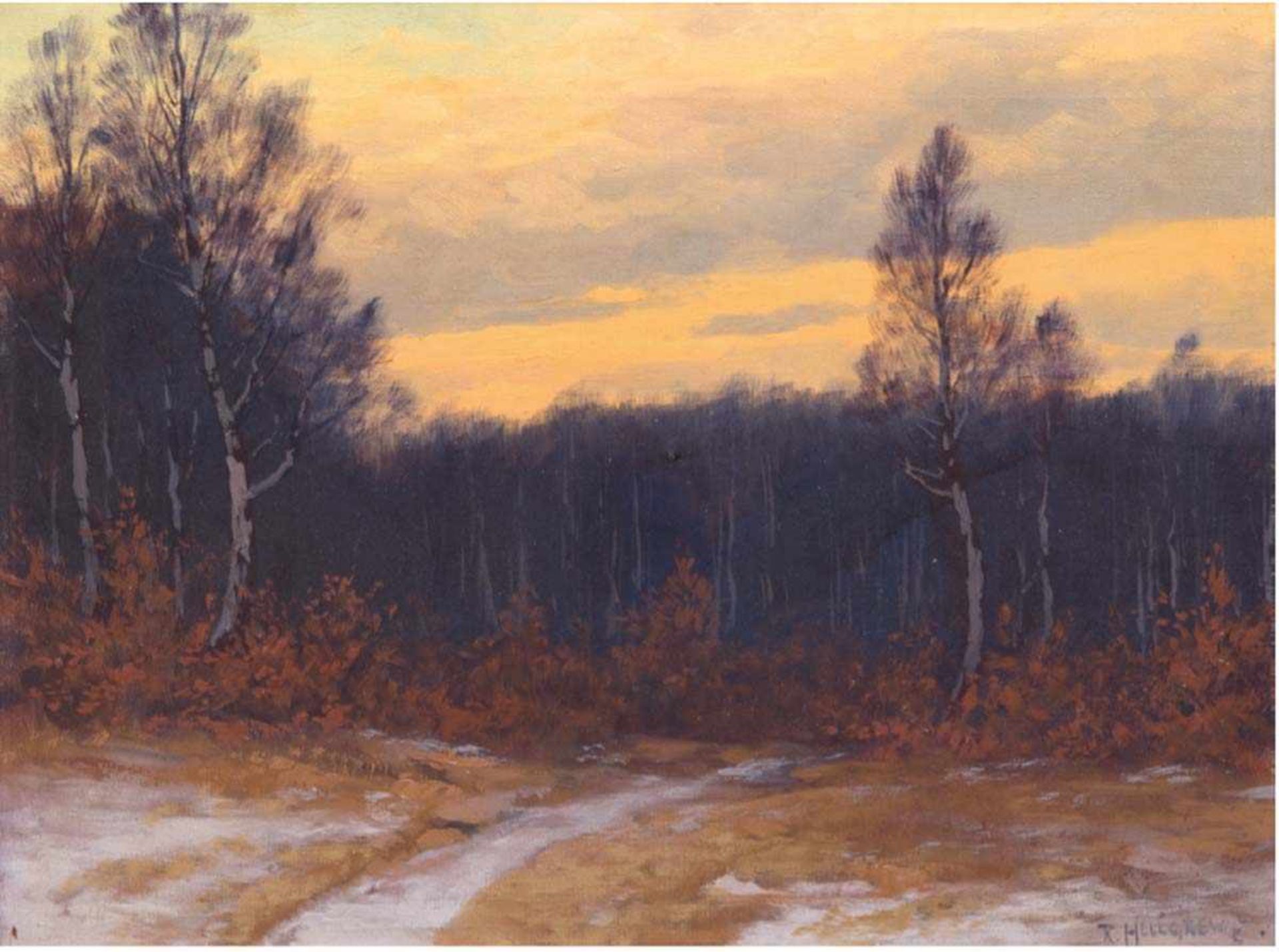 Hellgrewe, Rudolf (1860 Hammerstein- 1935 Berlin) "Schneebedeckter Waldweg im Abendlicht",Öl/Lw.,