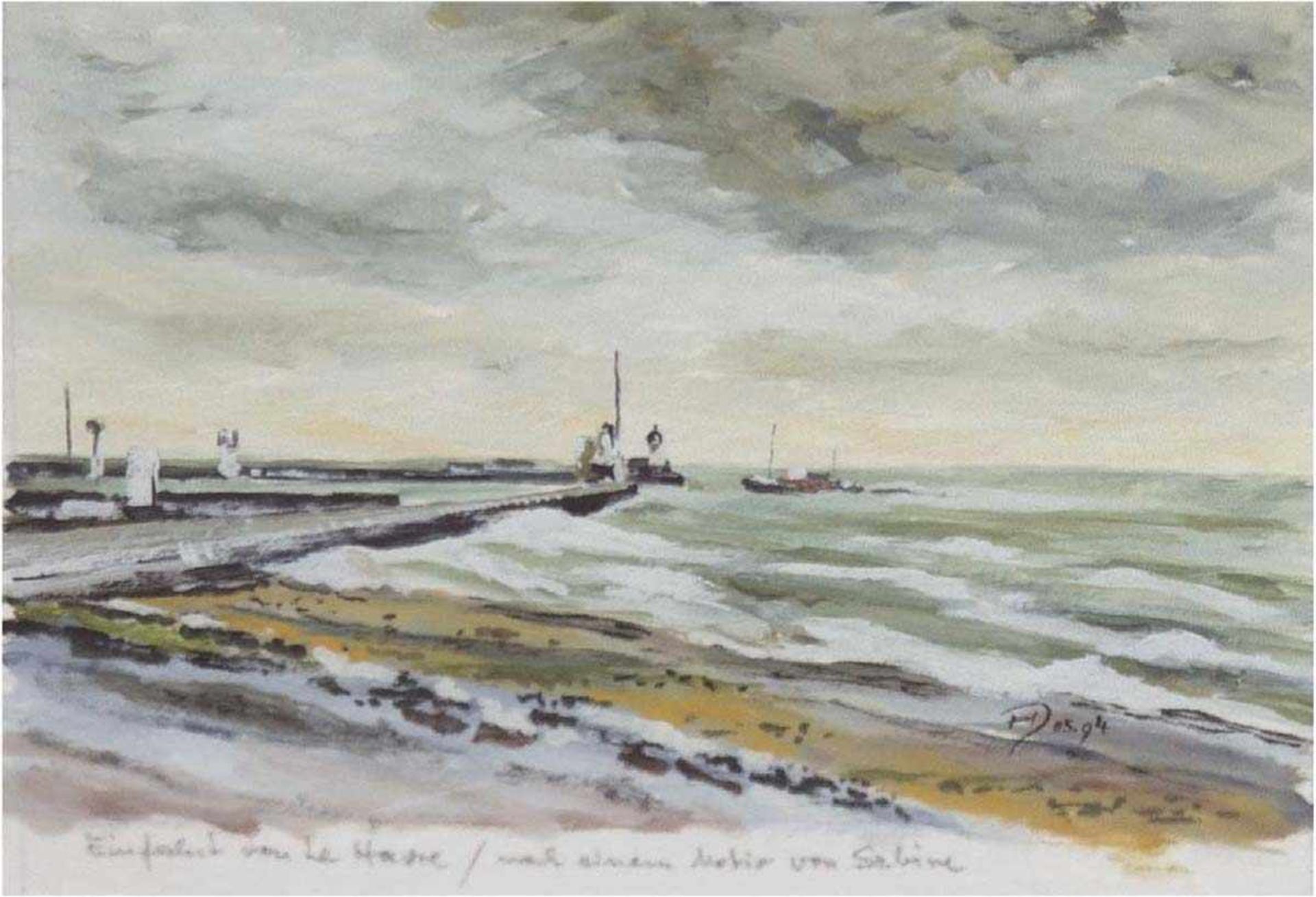 Dumann, Horst (20. Jh. Lübeck) "Küsteneinfahrt vor Le Havre", Aquarell, monogr. u.r.,1994, 13x20 cm